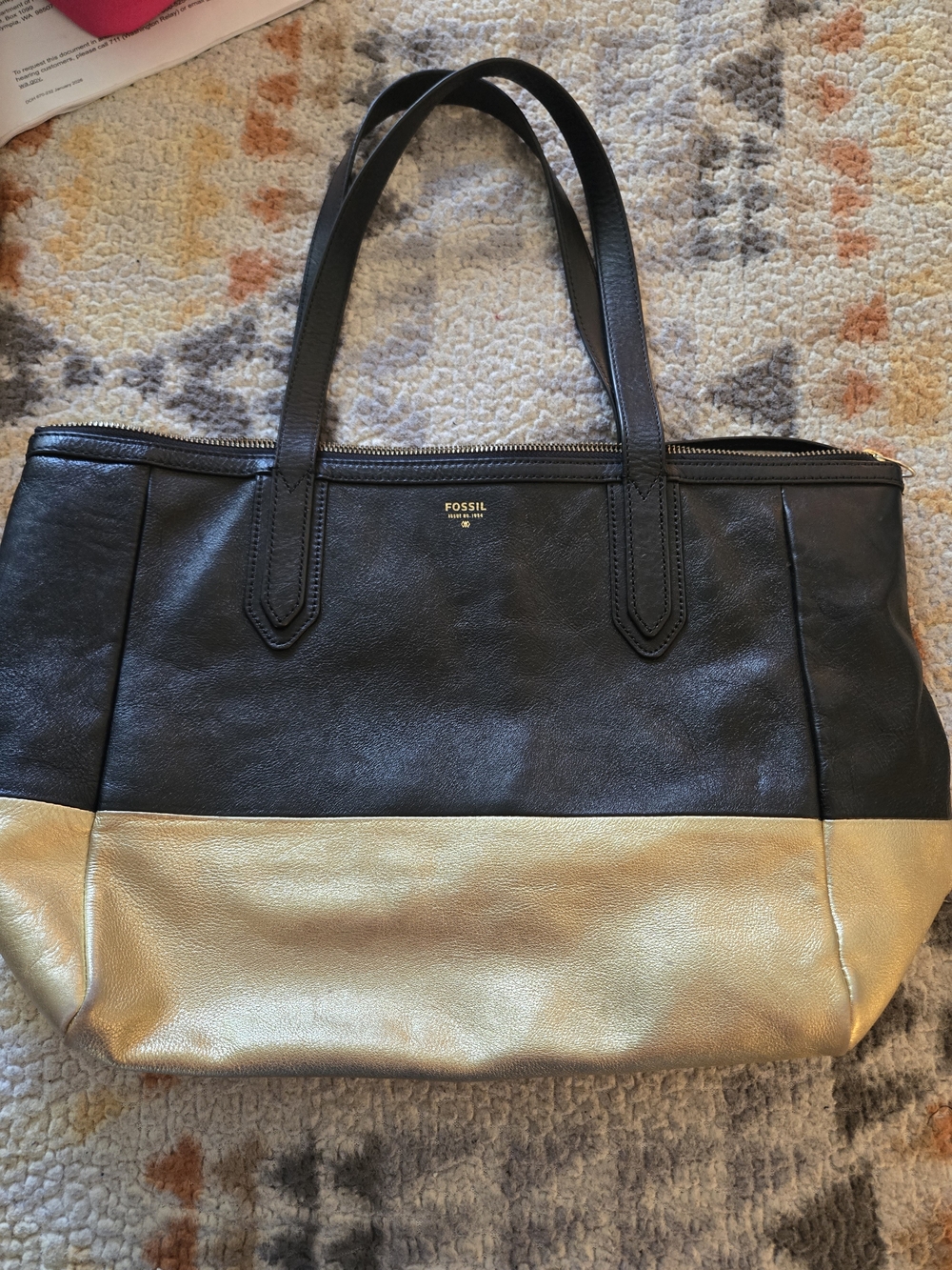 Fossil Black and Gold Leather Tote Bag